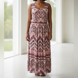 Maurices Sleeveless Floral & Strip Maxi Dress, Scoop Neck, Criss Cross Open Back